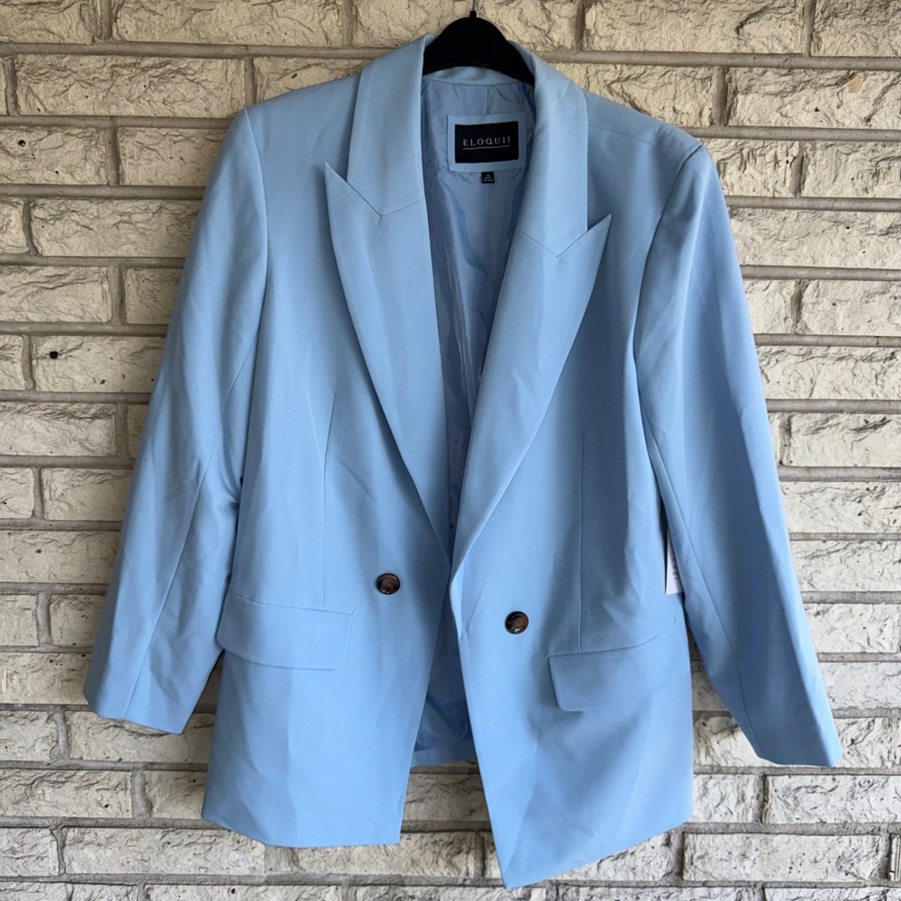Eloquii Women Light Blue Peak Lapel Double Breasted Longline Blazer Size 16
